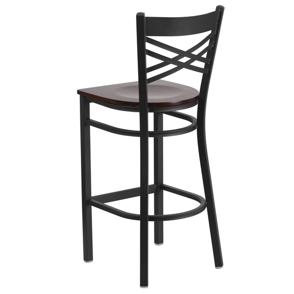 Walnut Wood Seat/Black Metal Frame |#| Black inchXinch Back Metal Restaurant Barstool - Walnut Wood Seat