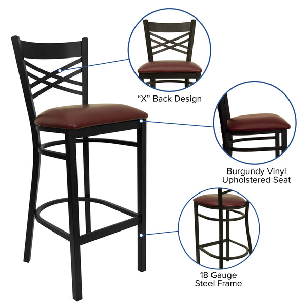 Burgundy Vinyl Seat/Black Metal Frame |#| Black inchXinch Back Metal Restaurant Barstool - Burgundy Vinyl Seat