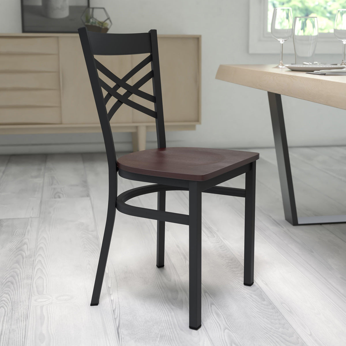 Walnut Wood Seat/Black Metal Frame |#| Black inchXinch Back Metal Restaurant Chair - Walnut Wood Seat