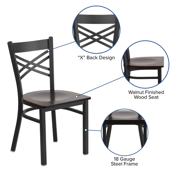 Walnut Wood Seat/Black Metal Frame |#| Black inchXinch Back Metal Restaurant Chair - Walnut Wood Seat