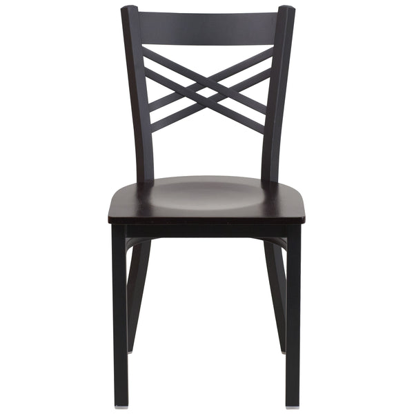 Walnut Wood Seat/Black Metal Frame |#| Black inchXinch Back Metal Restaurant Chair - Walnut Wood Seat