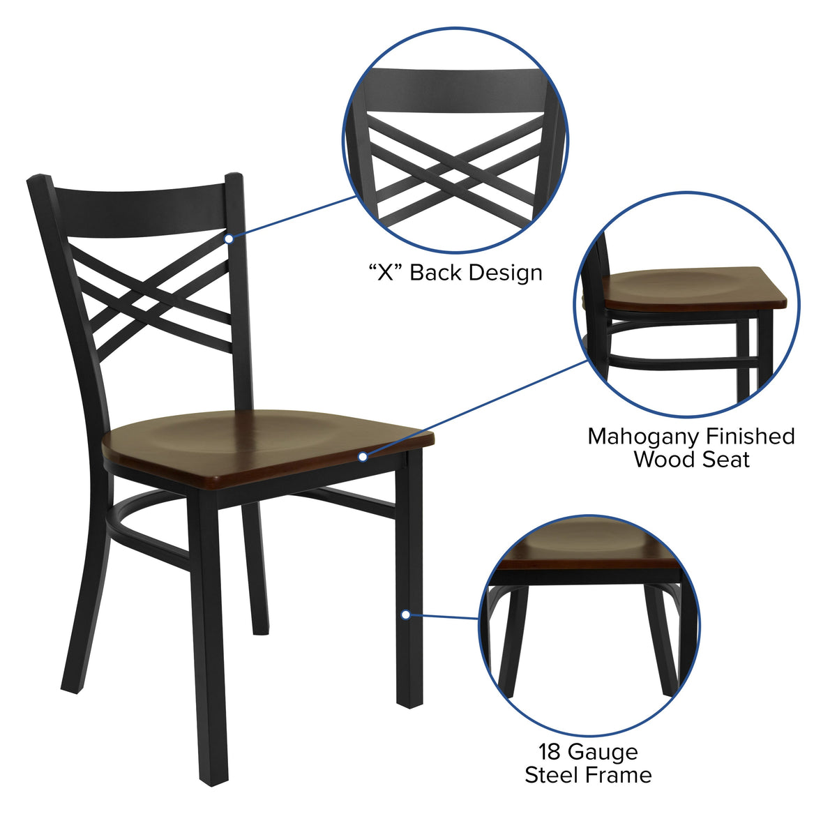 Mahogany Wood Seat/Black Metal Frame |#| Black inchXinch Back Metal Restaurant Chair - Mahogany Wood Seat