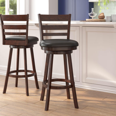 Zerrick Commercial Grade Wood Classic Ladderback Swivel Bar Height Barstool with Padded, Upholstered Seat - View 2