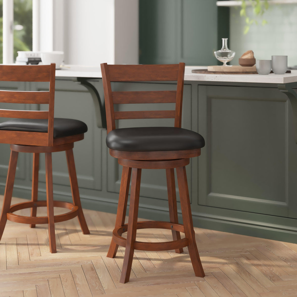 Black Vinyl/Antique Oak Frame |#| Commercial Wooden Swivel Counter Stools - Antique Oak/Black LeatherSoft