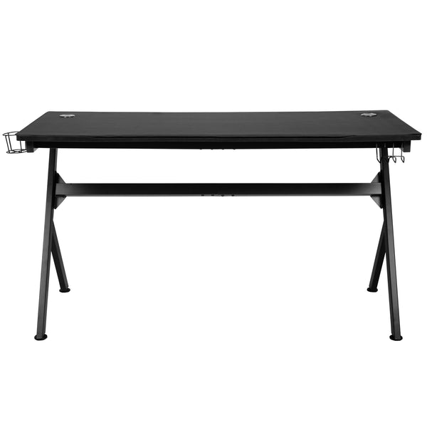 Black Gaming Desk and Chair With Massage and Slide-Out Footrest, Headrest Pillow