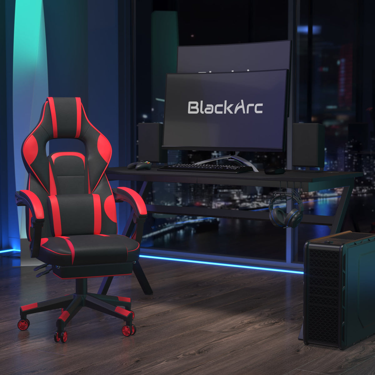 Black Gaming Desk and Chair With Massage and Slide-Out Footrest, Headrest Pillow