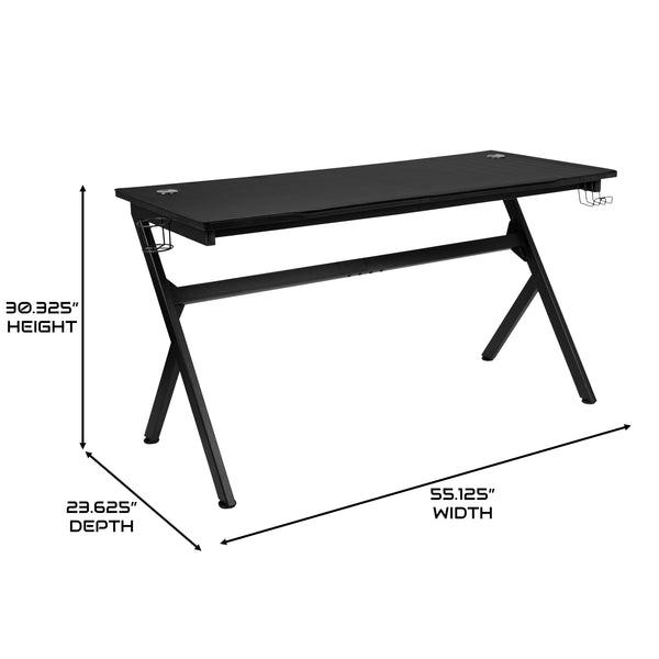 Black Gaming Desk and Chair With Massage and Slide-Out Footrest, Headrest Pillow