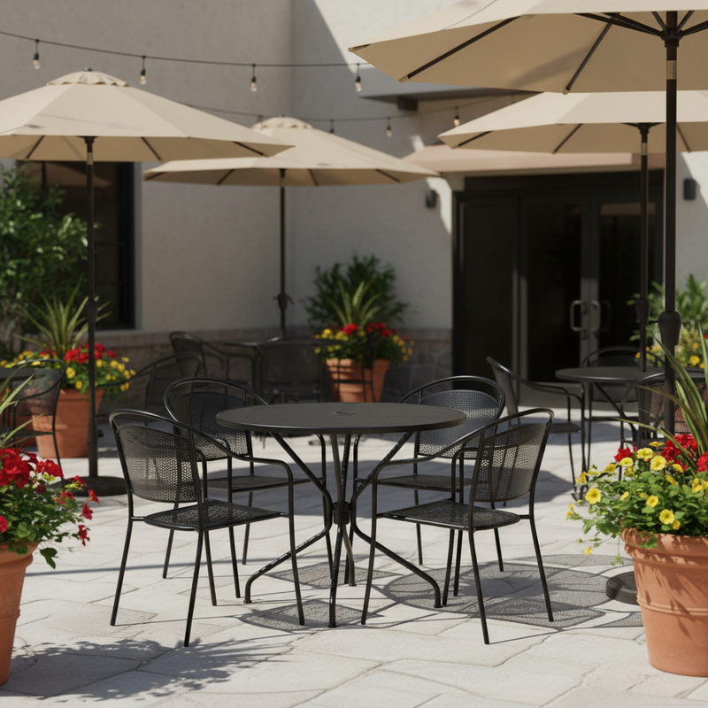 Black Oia Round Table Set on Casual Restaurant Patio