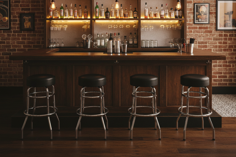 Casual bar with double ring chrome barstools