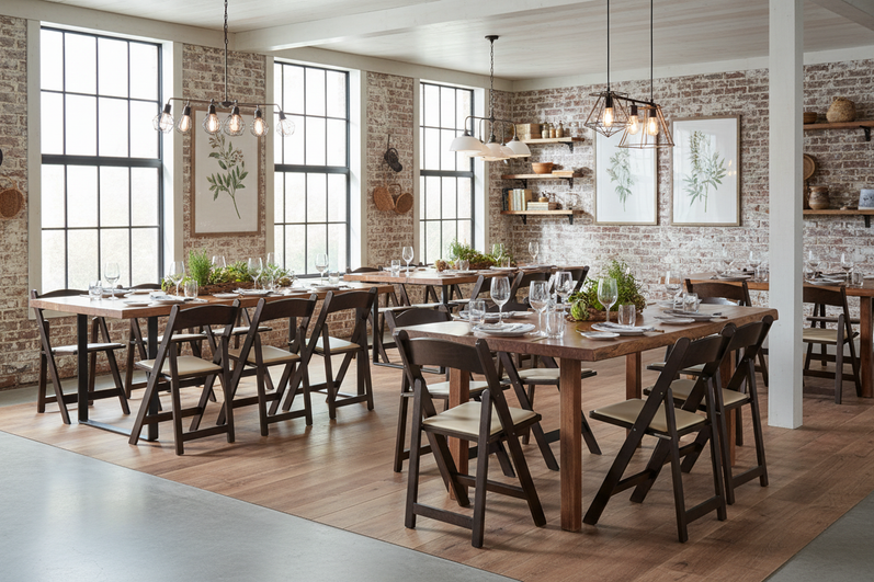 Elevated farm-to-table restaurant with wood folding chairs
