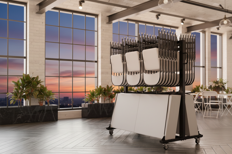 Display stand with sample boards in a modern office setting with large windows.