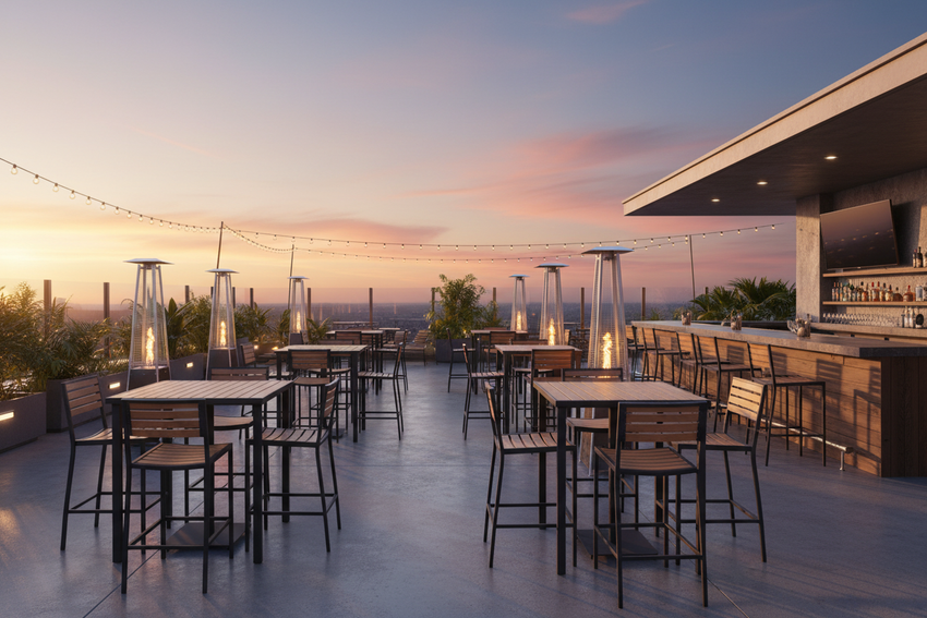 High-end outdoor bar at sunset with multiple table sets and bar seating