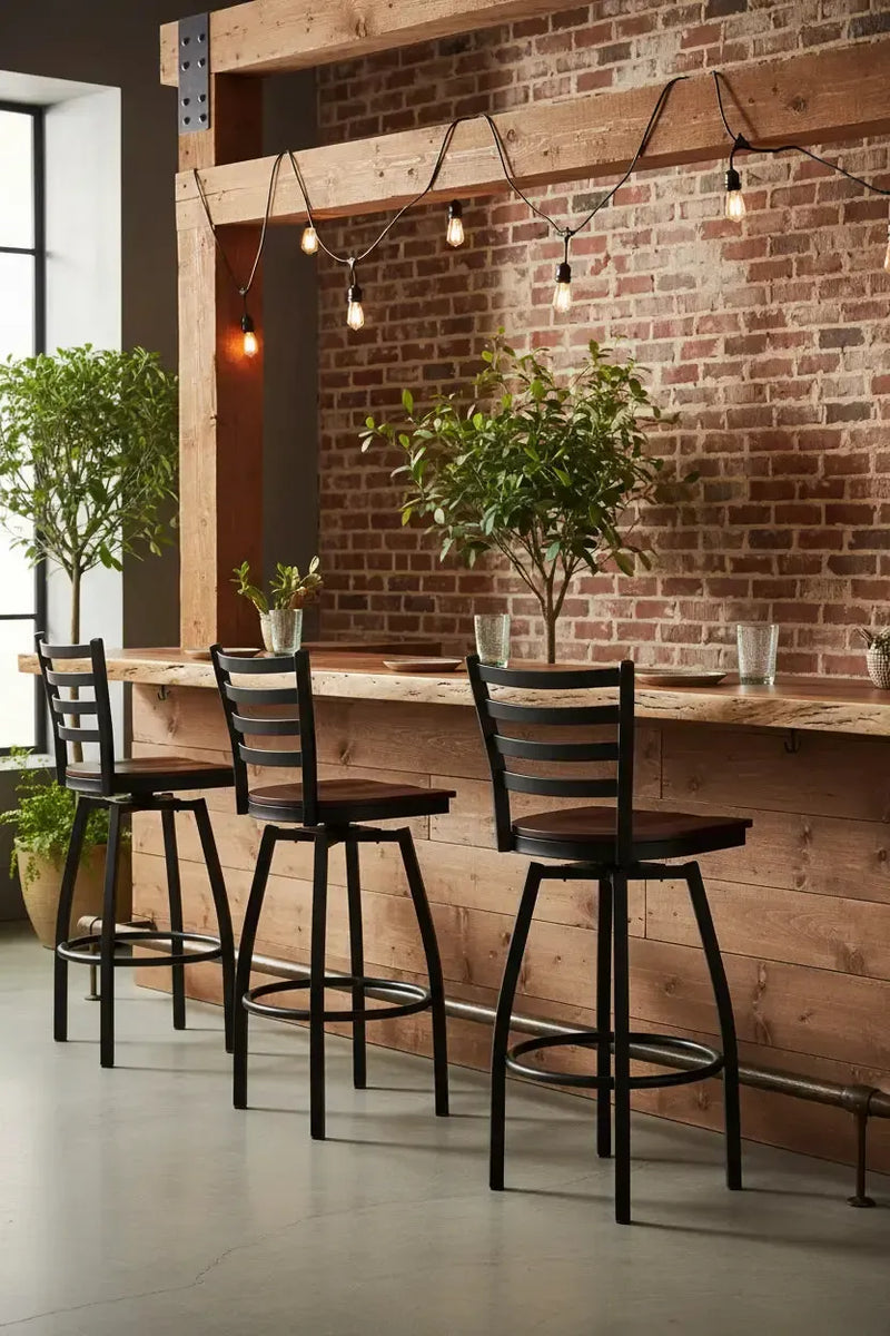 Wooden bar with black stools against a brick wall in a modern interior setting.