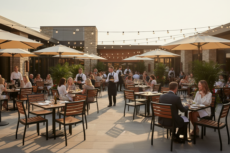 Lark Outdoor Patio — Golden Hour Wide Scene