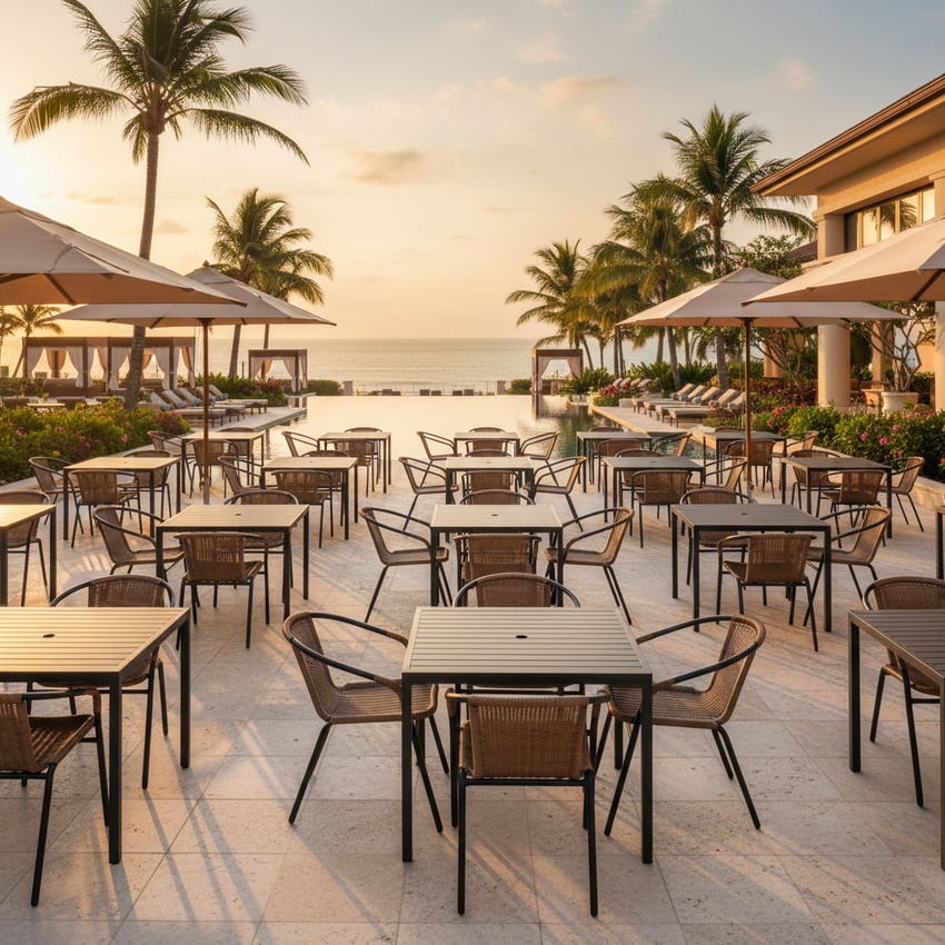 Lila Rattan & Teak Slat Table — Resort Restaurant Terrace