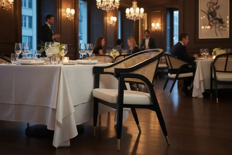 Dining room with tables set for a meal, chairs, and decorative lights.