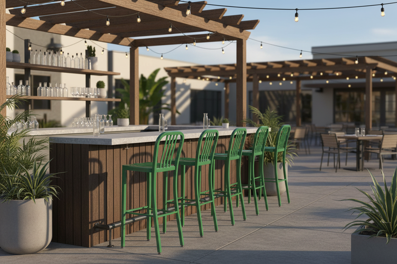 Outdoor restaurant bar with metal barstools