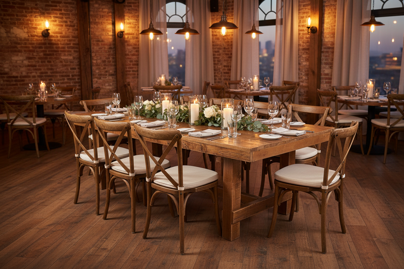 put HERCULES Series 8' x 40'' Folding Farm Table Set with 10 Cross Back Chairs and Cushions in a restaurant setting