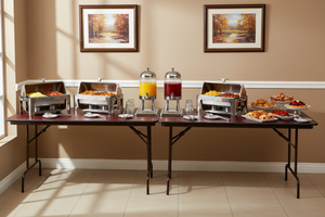 Realistic restaurant brunch buffet with mahogany table