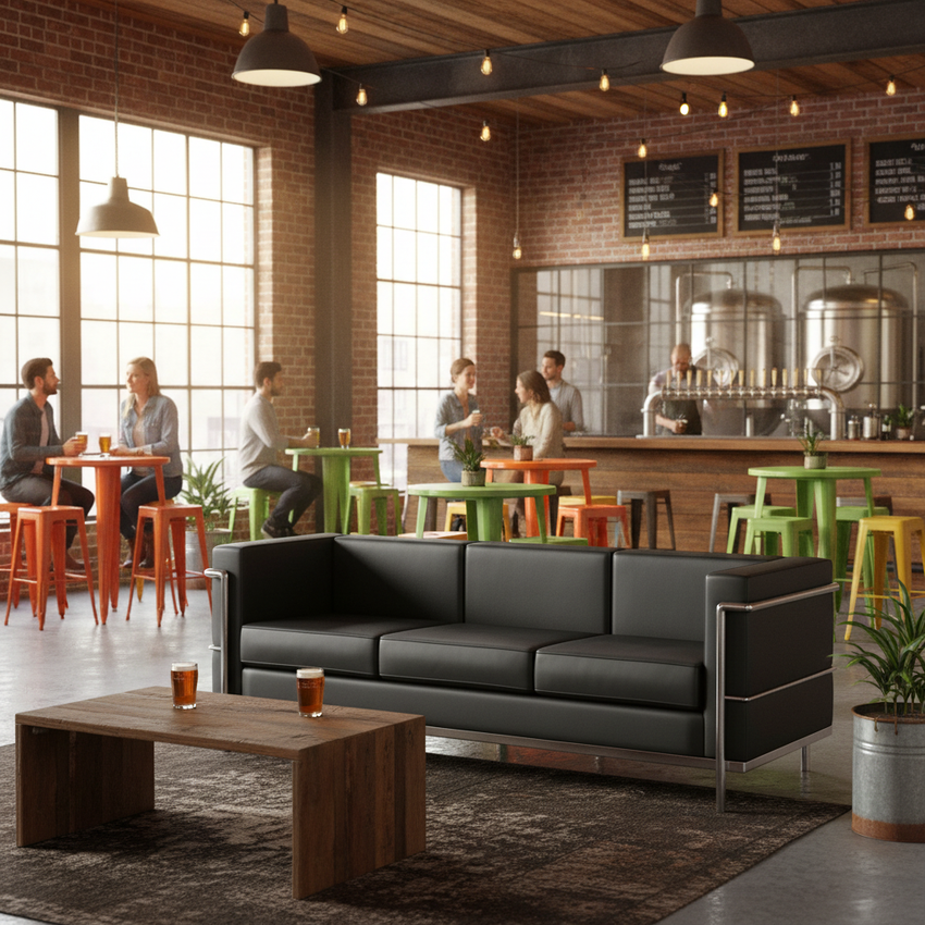 Regal Series Black Sofa + Metal Bar Tables - Craft Brewery Taproom