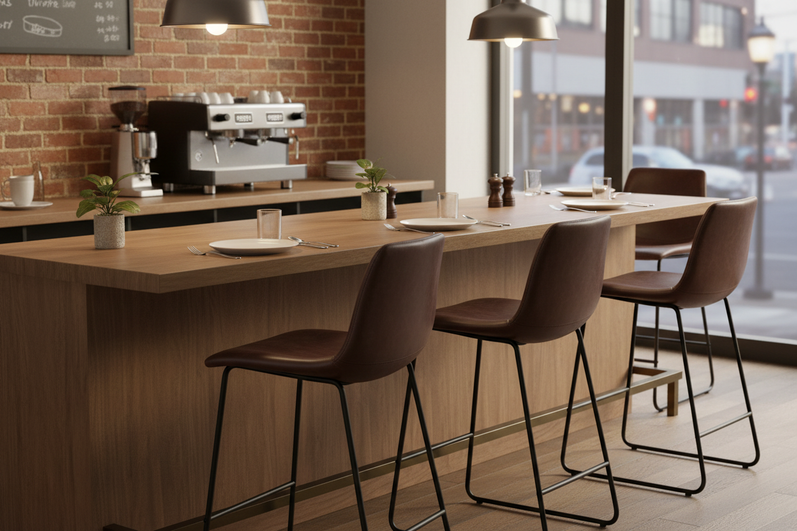 Restaurant counter service with angled view of barstools