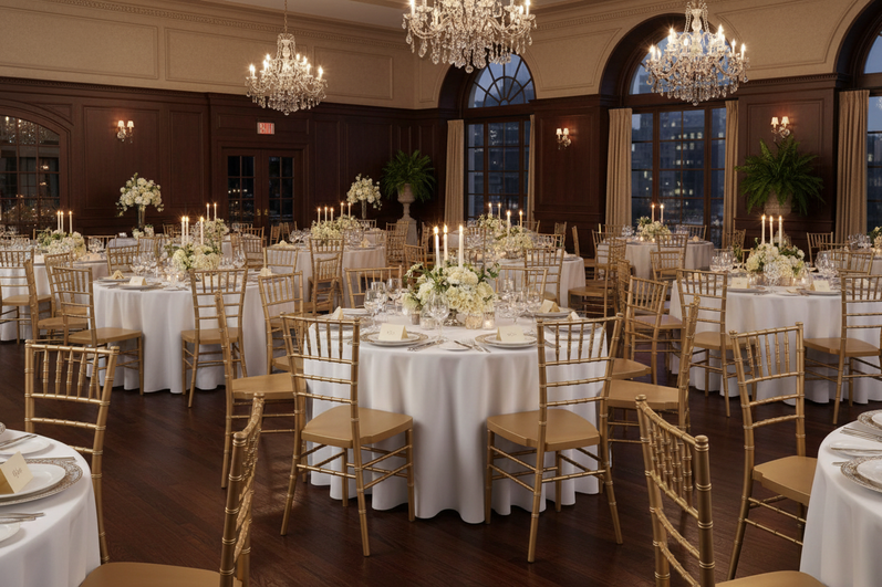 Restaurant decorated for banquet event with Chiavari chairs