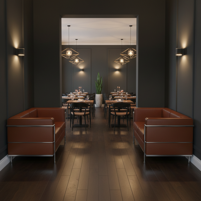 Restaurant Narrow Waiting Area Regal Loveseats Evening - Square