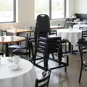 Restaurant post-brunch service with steel sled base stack chair dolly