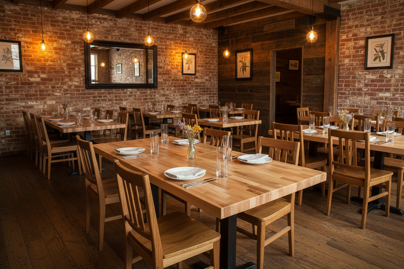 Rustic restaurant with Rectangle Butcher Block Style Table Tops and chairs - corner view