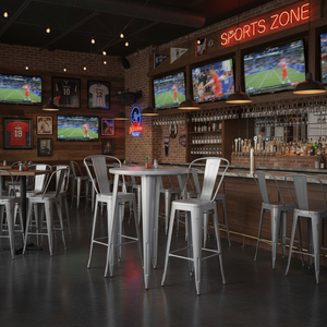 Sports bar with round metal bar table set