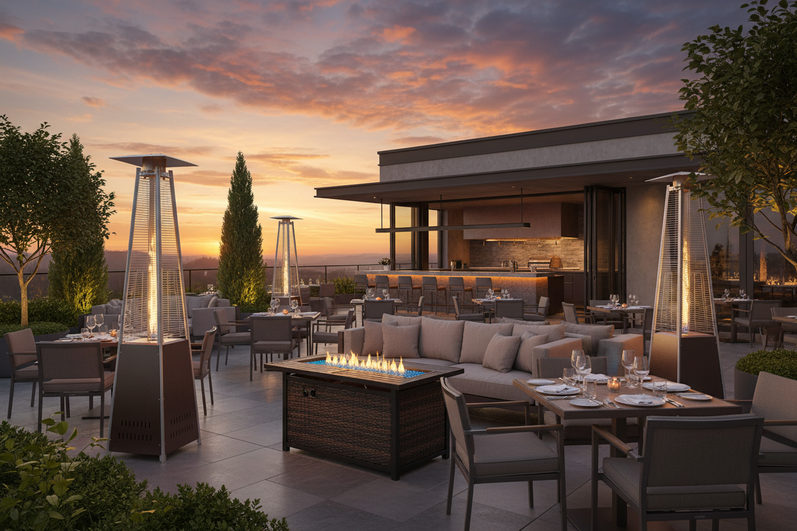 Upscale Restaurant Patio at Sunset with Heaters and Fire Pit