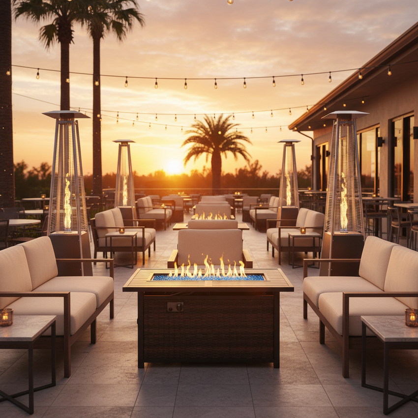 Upscale Restaurant Patio at Sunset with Heaters and Fire Pit