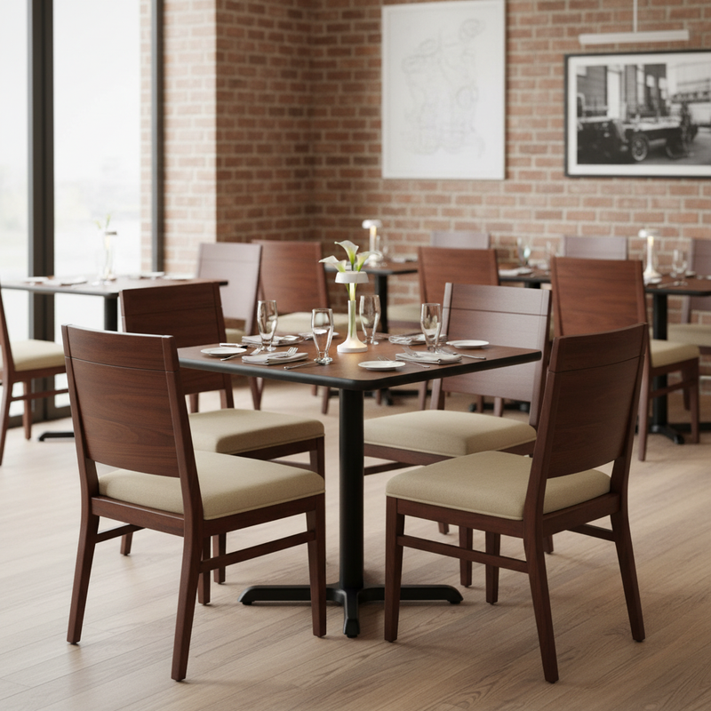 Well-lit restaurant scene with 24" Square Laminate Table and chairs