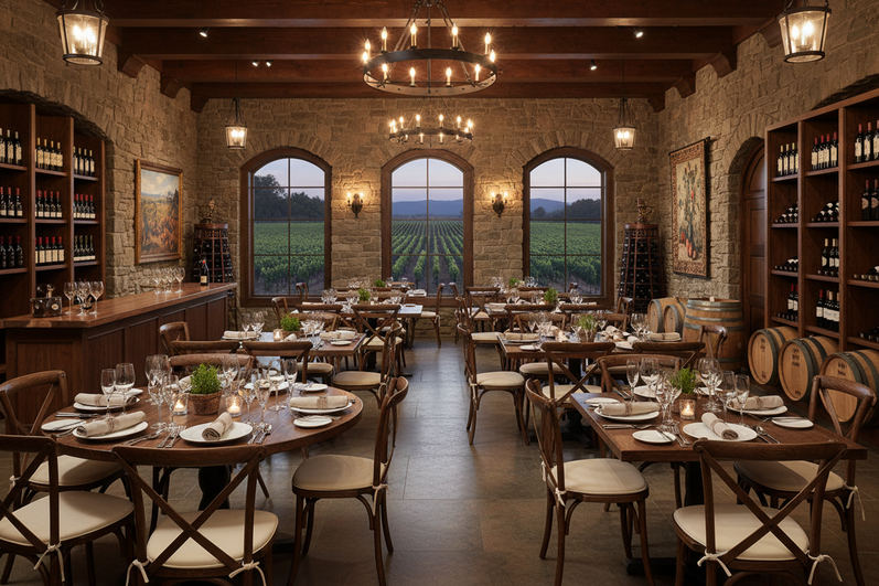 Winery tasting room set for dinner service with cross back chairs
